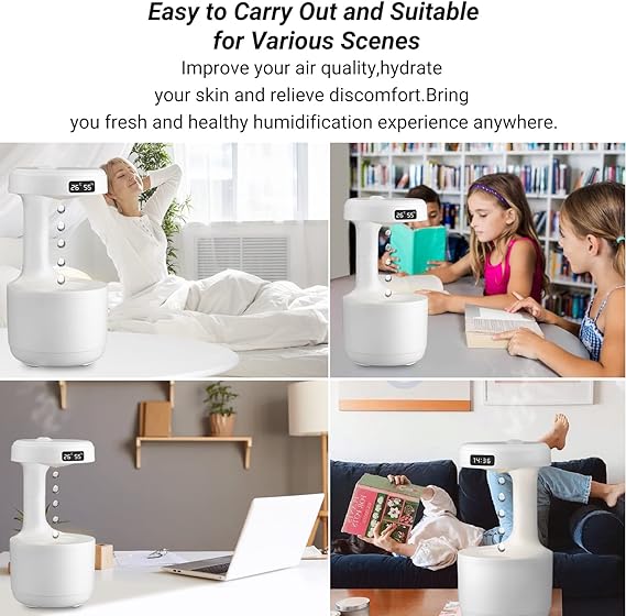 GravityDefy Ultra-Quiet USB Mini Humidifier with Water Drop Light Effects and LED Clock