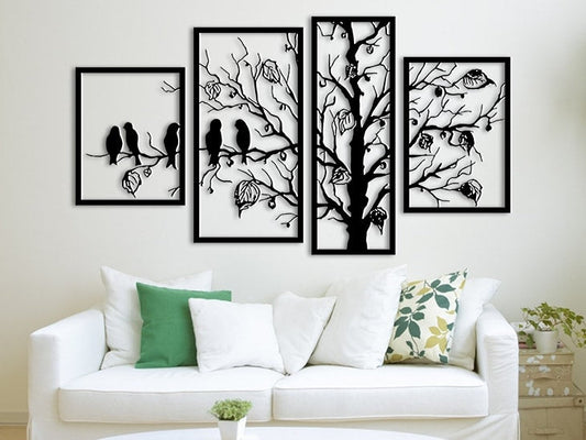 Set of 4 Tree Art Wall Decorations | MDF Wood | Black Color