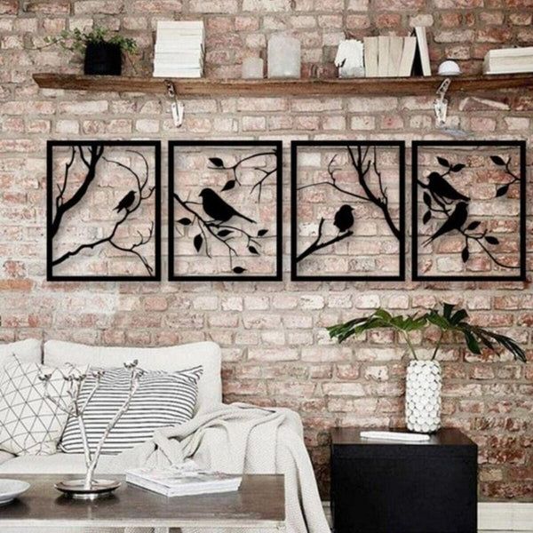 Set of 4 Tree Art Wall Decorations | MDF Wood | Black Color