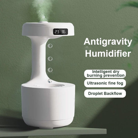 GravityDefy Ultra-Quiet USB Mini Humidifier with Water Drop Light Effects and LED Clock