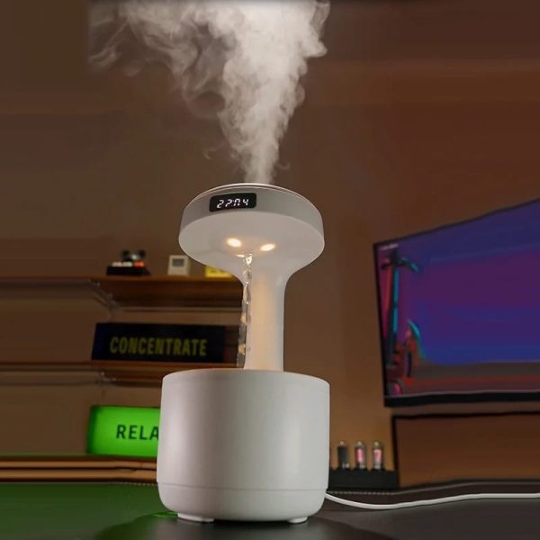 GravityDefy Ultra-Quiet USB Mini Humidifier with Water Drop Light Effects and LED Clock